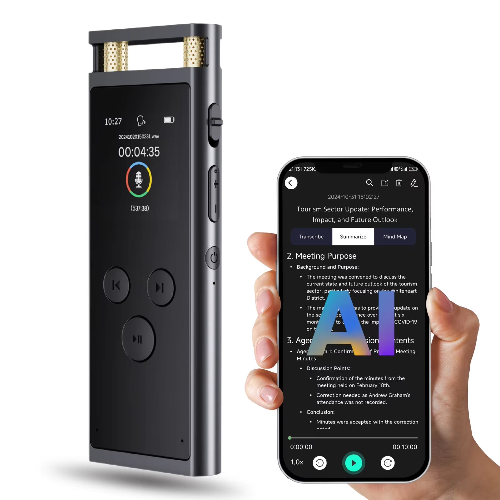 AI Voice Recorder Transcription, Translation, Summary, Mind Mapping, Voice Activation 64GB Aluminum Dictaphone [AI Version]