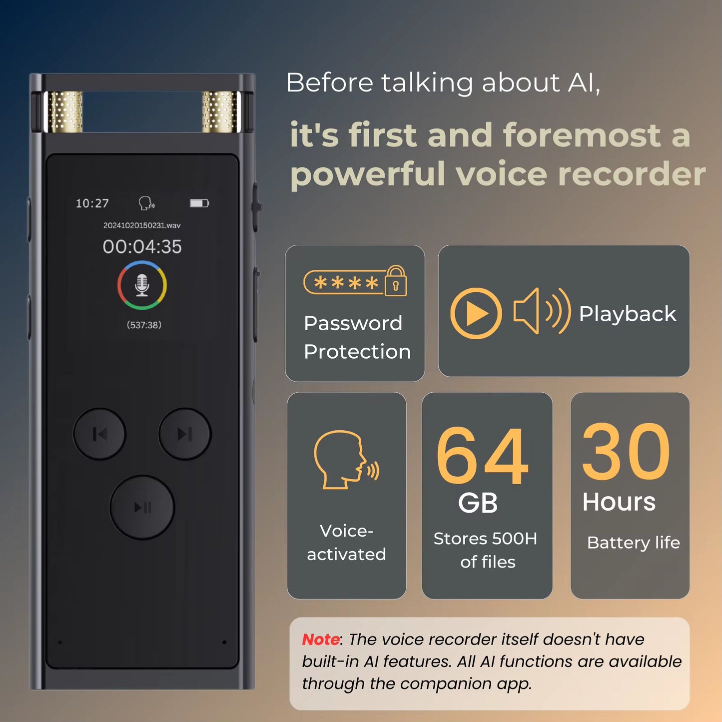 AI Voice Recorder Transcription, Translation, Summary, Mind Mapping, Voice Activation 64GB Aluminum Dictaphone [AI Version]